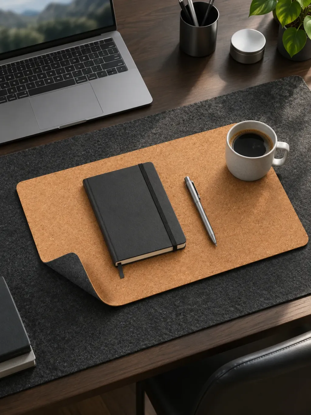 Cork & Felt Reversible Mat in use on a desk