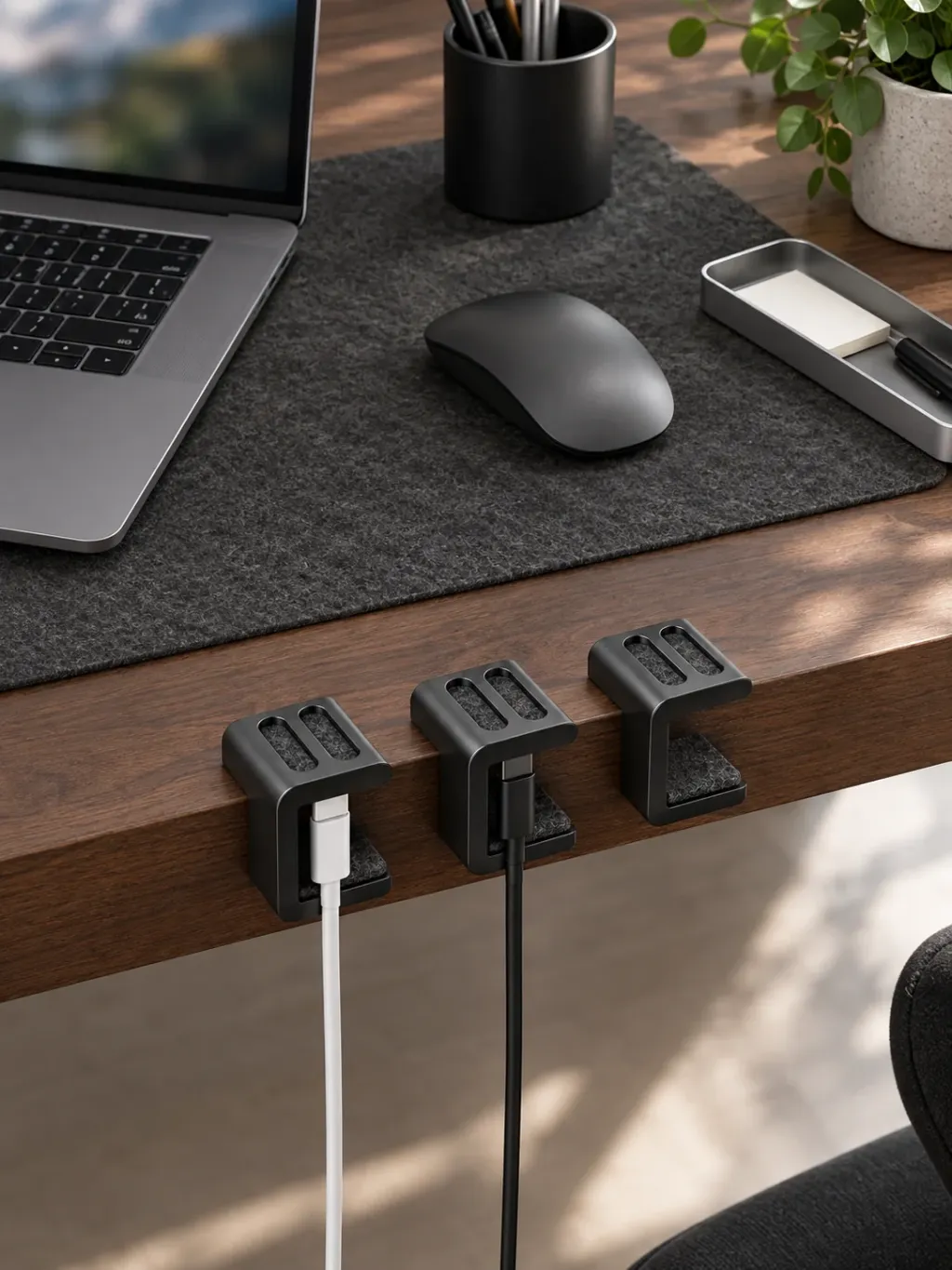 Desk-Edge Cable Clips (Set of 3) in use on a desk