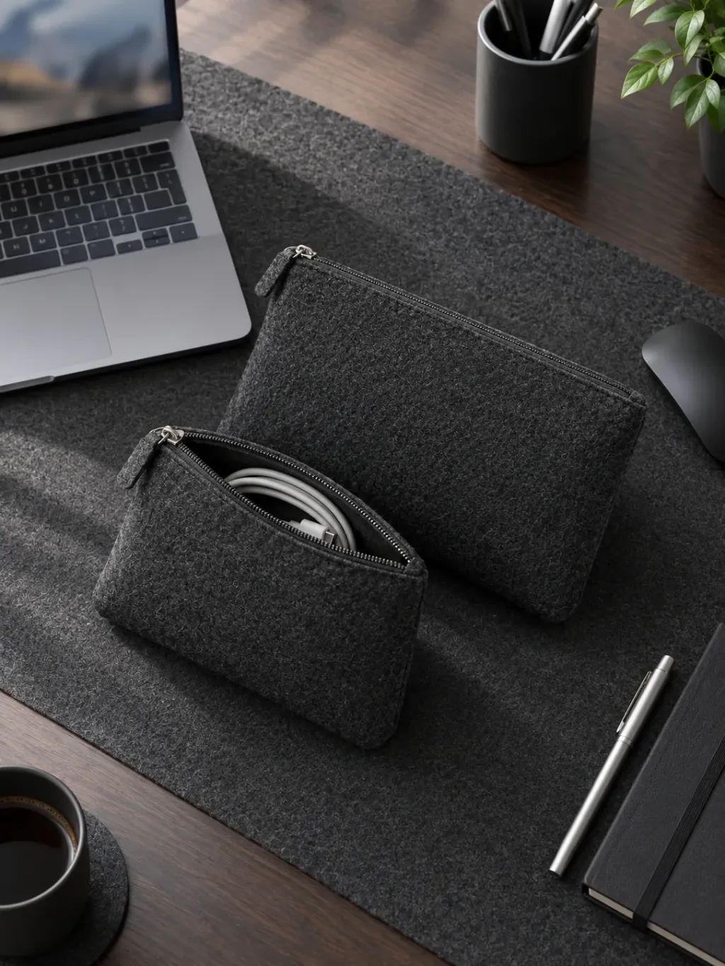 Felt Cable Pouch Pair in use on a desk