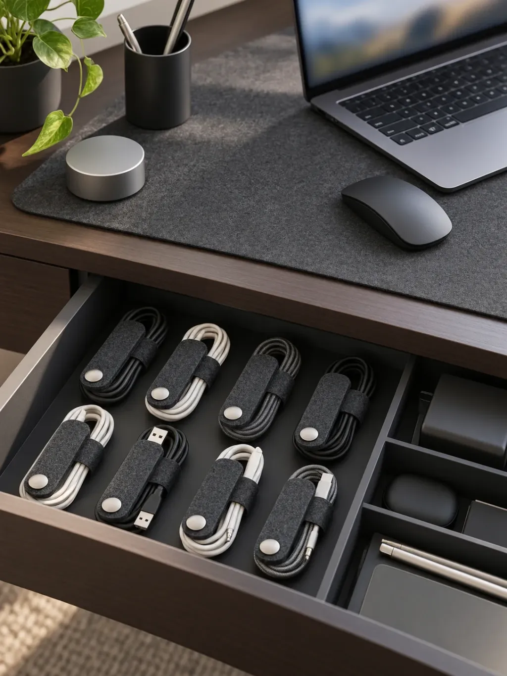 Felt Cable Ties (Set of 10) in use on a desk