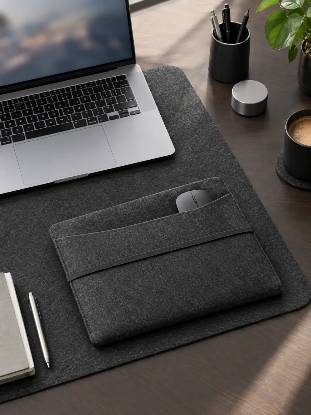 Felt Sleeve with Pocket in use on a desk