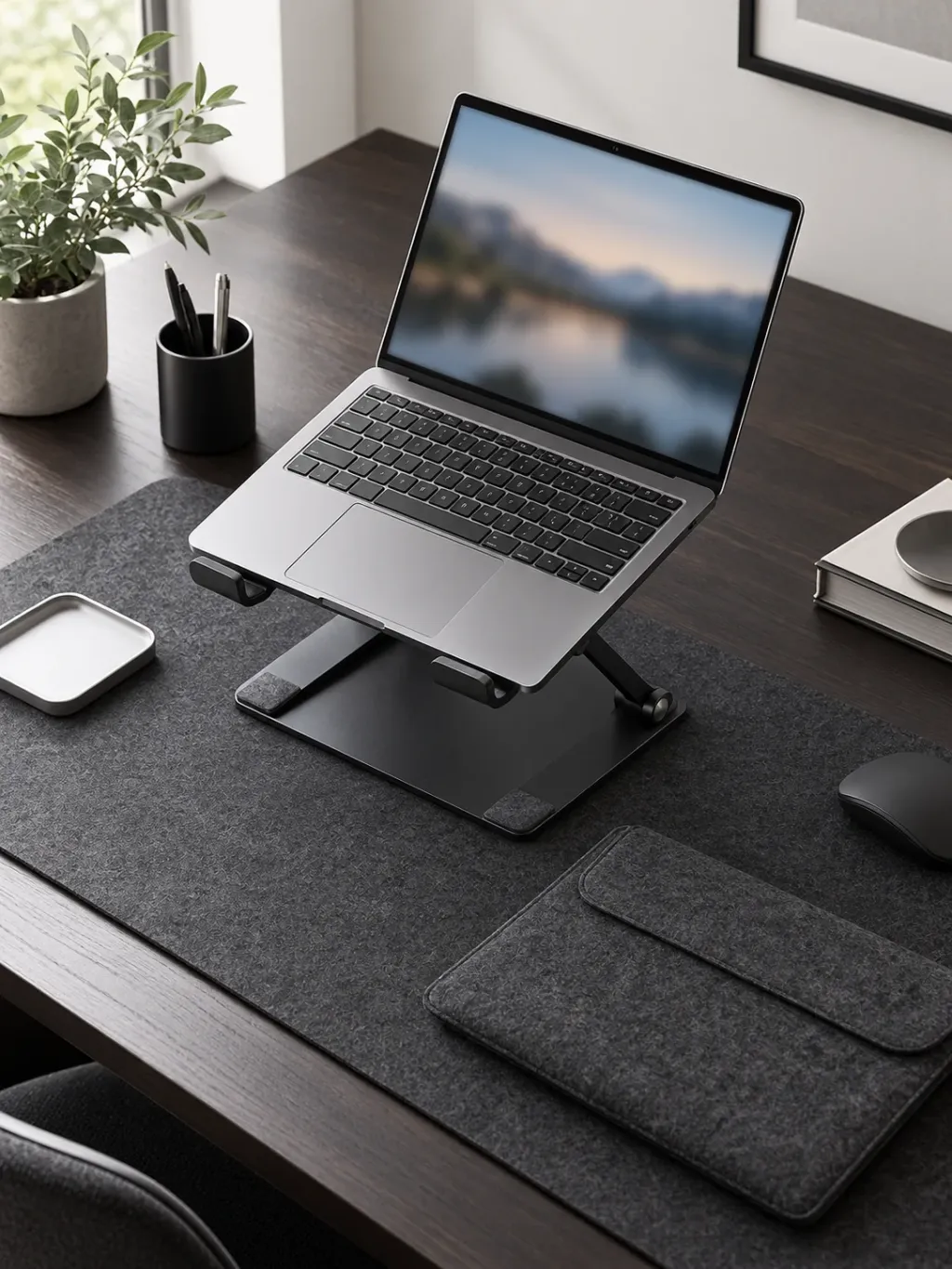 Folding Laptop Stand F2 in use on a desk