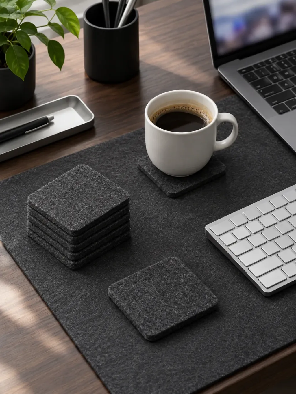 Grid Felt Coaster Set in use on a desk