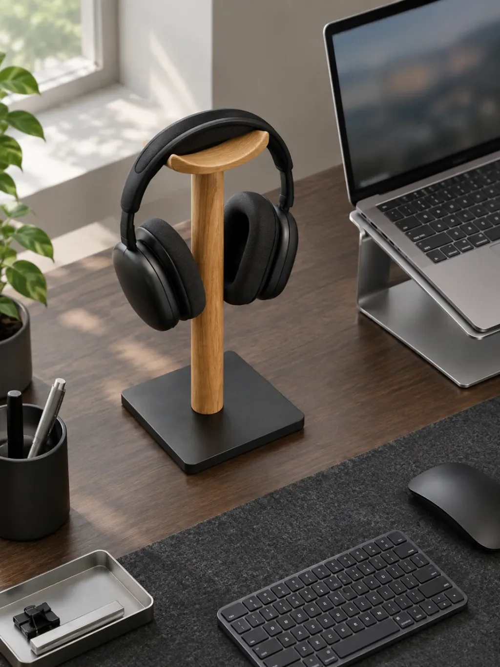 Oak Headphone Stand in use on a desk