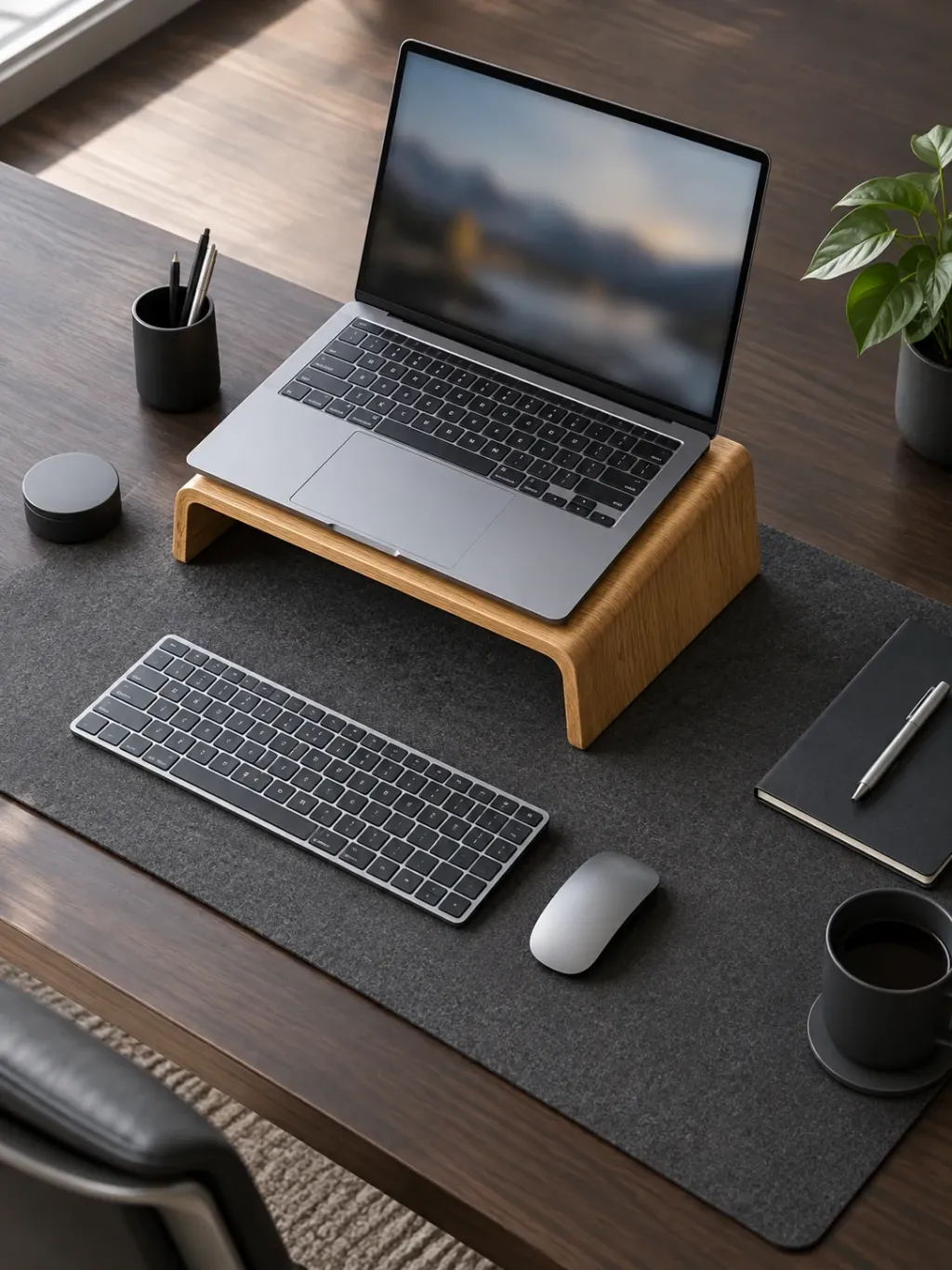 Oak Laptop Riser in use on a desk