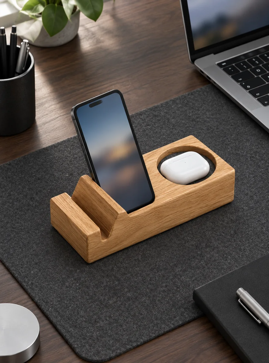 Oak Phone & Earbud Dock in use on a desk