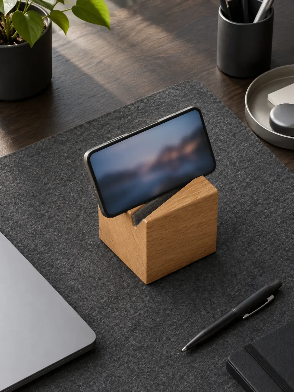 Oak Phone Stand in use on a desk