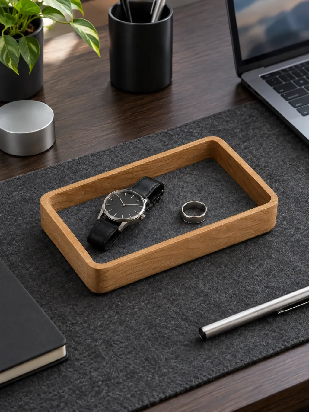 Oak Valet Tray 3×2 in use on a desk