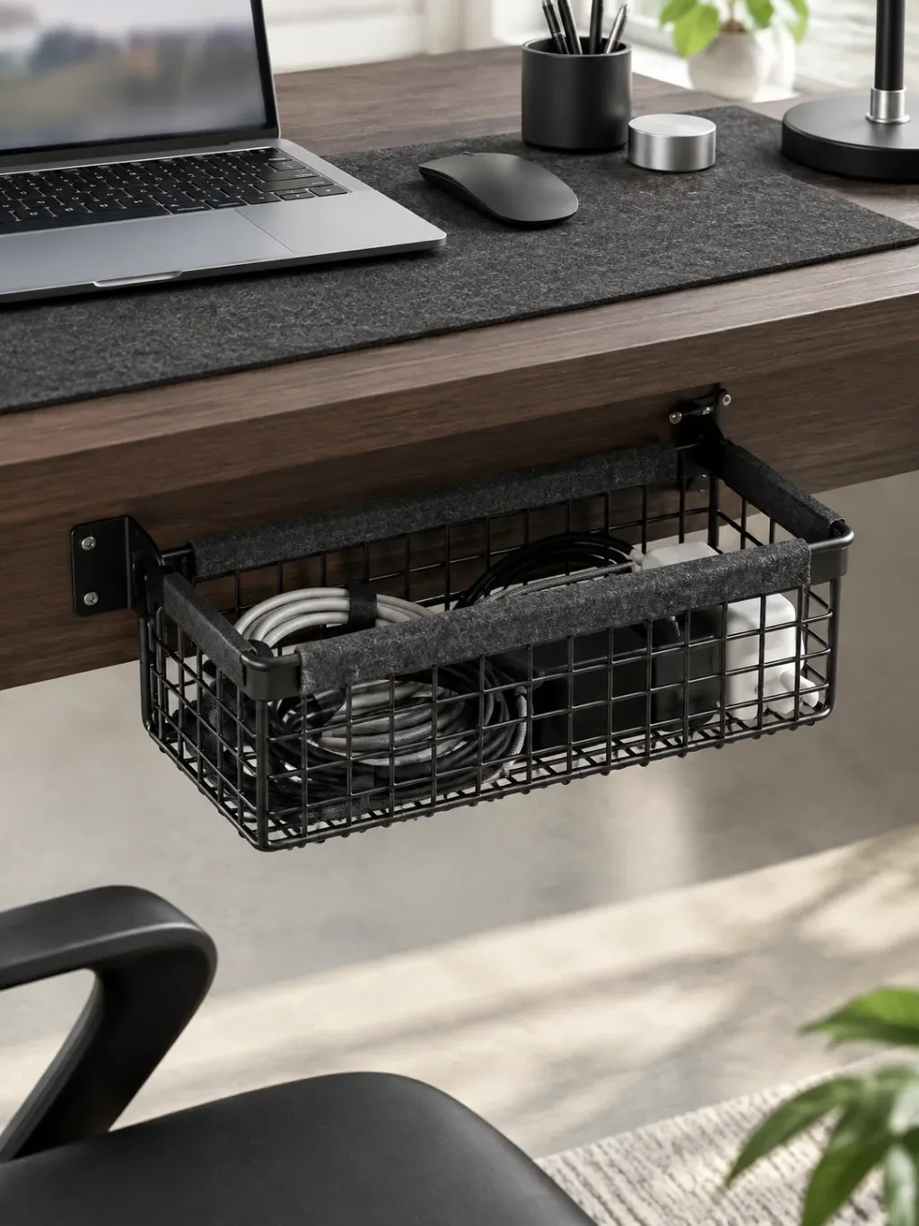 Under-Desk Cable Tray in use on a desk
