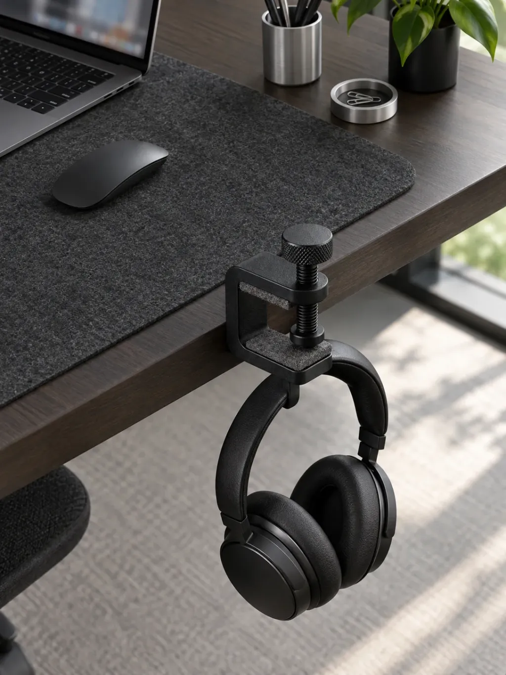 Under-Desk Headphone Hook in use on a desk