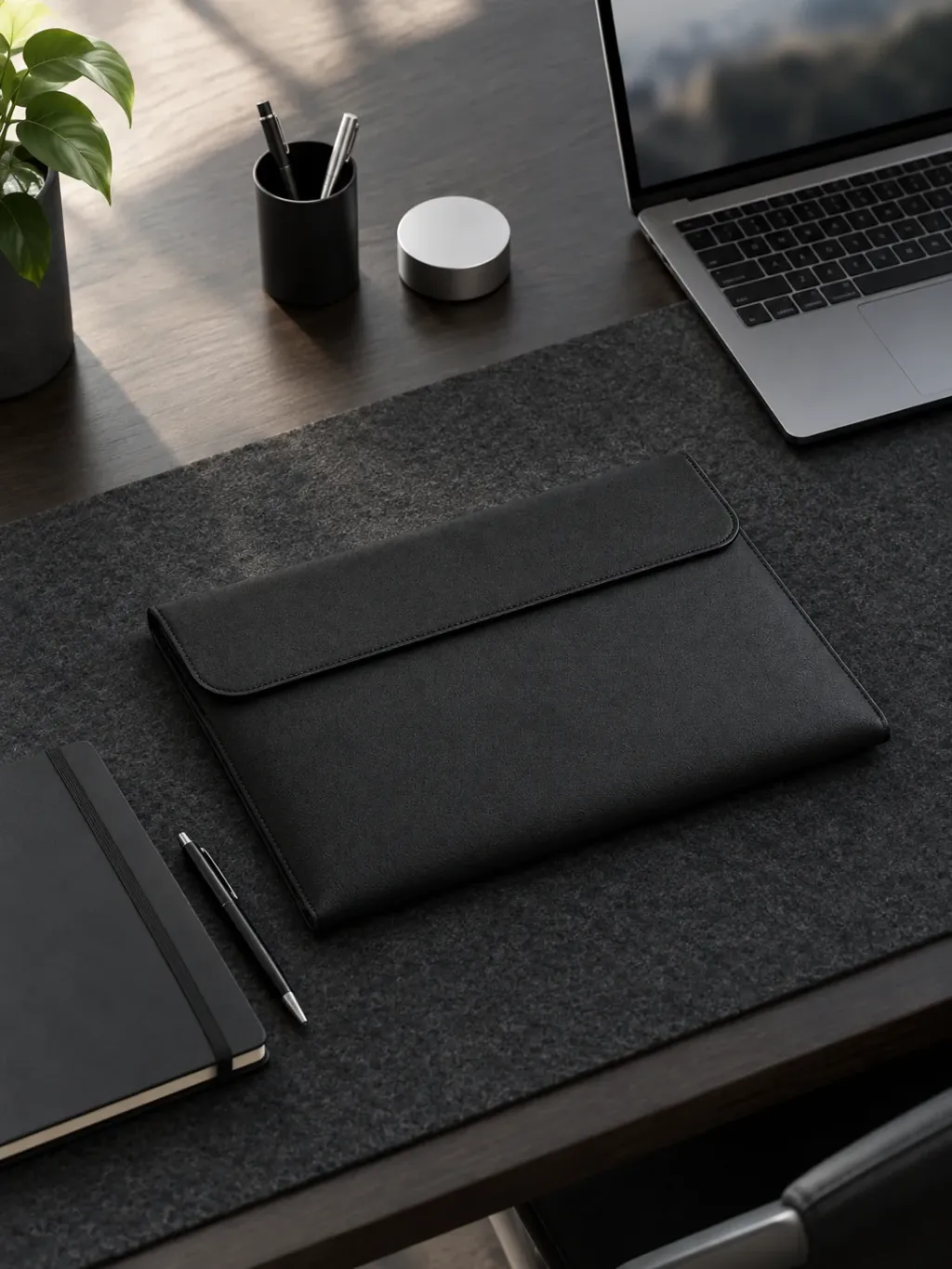 Vegan Leather Sleeve in use on a desk