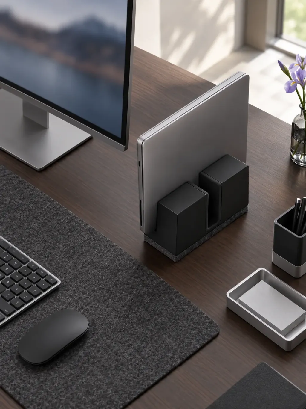 Vertical Laptop Dock V1 in use on a desk